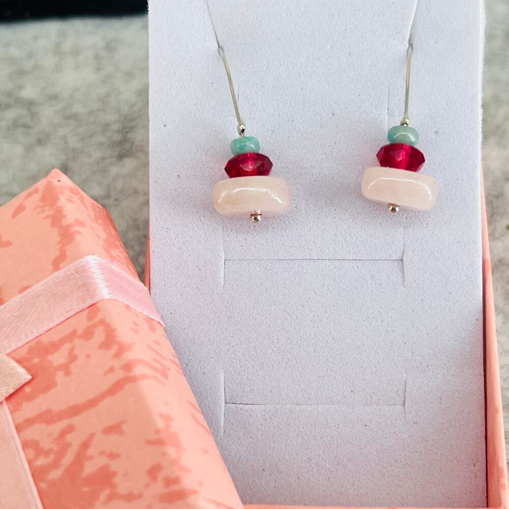 HANDMADE Modern Style Wire Earrings Rose Quartz Amazonite Crystal Silver Tone